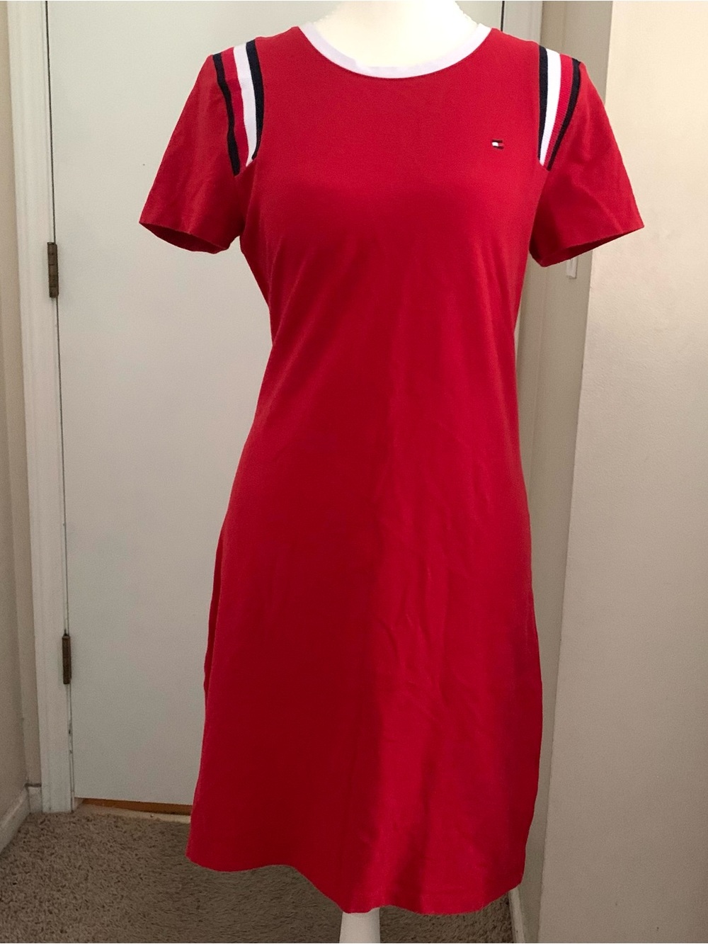 Tommy Hilfiger Knit Dress Short Sleeve Red White Navy Casual Sporty America Sz S